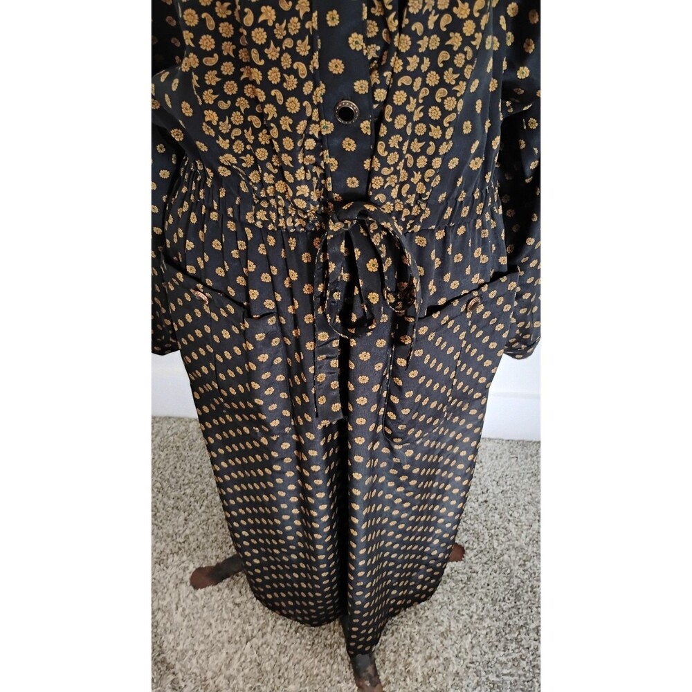 Vtg 80s Leslie Fay Midi Dress Women's Black Brown Paisley Tie Front Secretary 14 - Picture 3 of 15